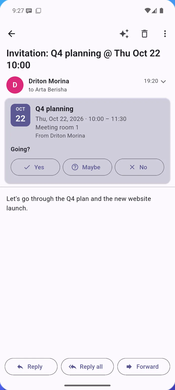 Mailsky calendar on a phone